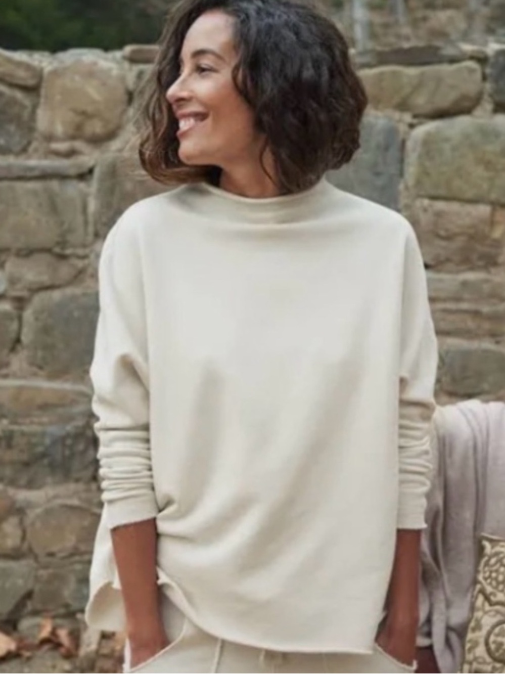 Frank & Eileen XS Effie Long-Sleeve Funnel Neck Capelet Ivory Relaxed Lounge